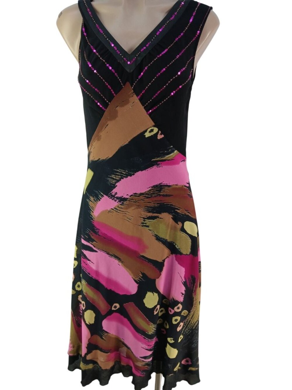 Merric Womens Sleeveless V-Neck Dress With Sequin Detail & Abstract Print Size 8